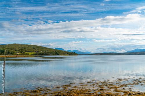 View of the Sandnessundet strait and Hakoya island from Kvaloya in Troms county, Norway.