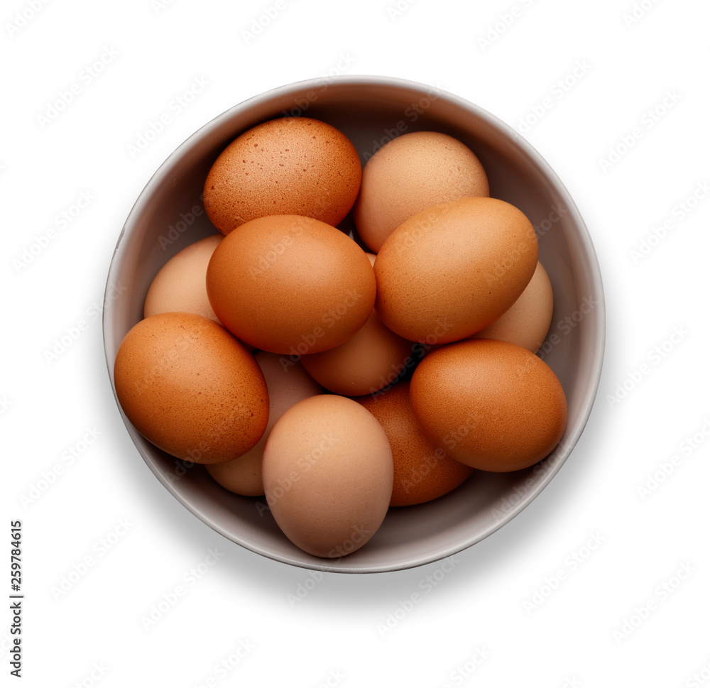 A bowl of fresh eggs on an isolated on a white background A bowl of fresh eggs on an isolated on a white background