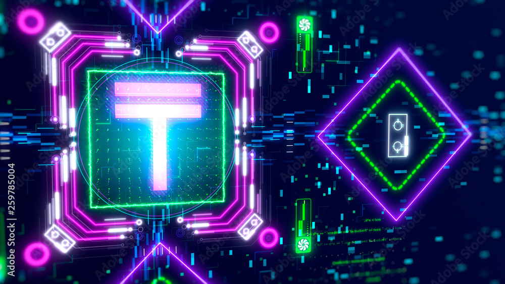 Kazakhstan money sign. Tenge symbol futuristic 3d illustration with neon color Kazakhstan money sign. Tenge symbol futuristic 3d illustration with neon color