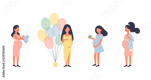 Pregnant woman. Pregnancy vector illustration set. Walking, healthy nutrition during pregnancy, purchase, baby shower and other situations. Character vector design. Healthy lifestyle.
