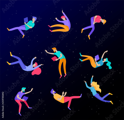 Inspired People flying in space and interacting with gadgets and papers. Characters set moving and floating in dreams, imagination and inspiration. Flat design style, vector illustration.