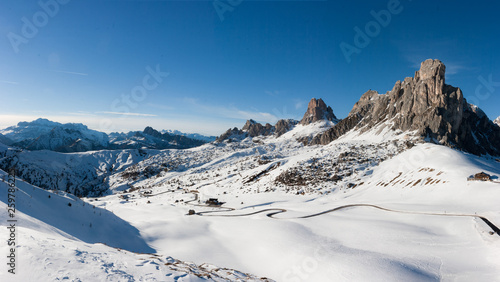 Panorama of Ra Gusela peak in front of mount Averau and Nuvolau, in Passo Giau, high alpine pass near Cortina d'Ampezzo, Dolomites, Italy