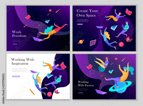 landing page templates set. Inspired People flying. Create your own spase. Characters moving and floating in dreams, imagination and freedom inspiration design work. Flat design style