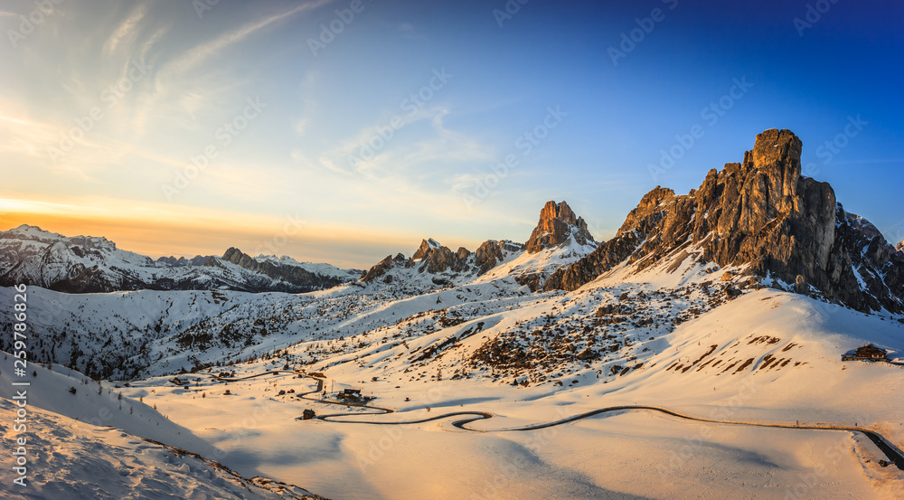 Panorama of Ra Gusela peak in front of mount Averau and Nuvolau, in Passo Giau, high alpine pass near Cortina d'Ampezzo, Dolomites, Italy Panorama of Ra Gusela peak in front of mount Averau and Nuvolau, in Passo Giau, high alpine pass near Cortina d'Ampezzo, Dolomites, Italy