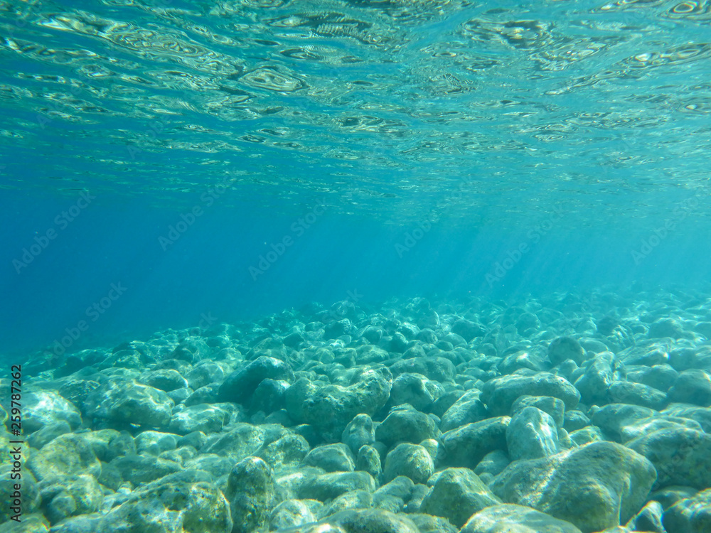 UNDERWATER view of turquoise clear water and white pebbles scattered off the seabed of the Antisamos bay, Kefalonia island, Ionian Sea, Greece.