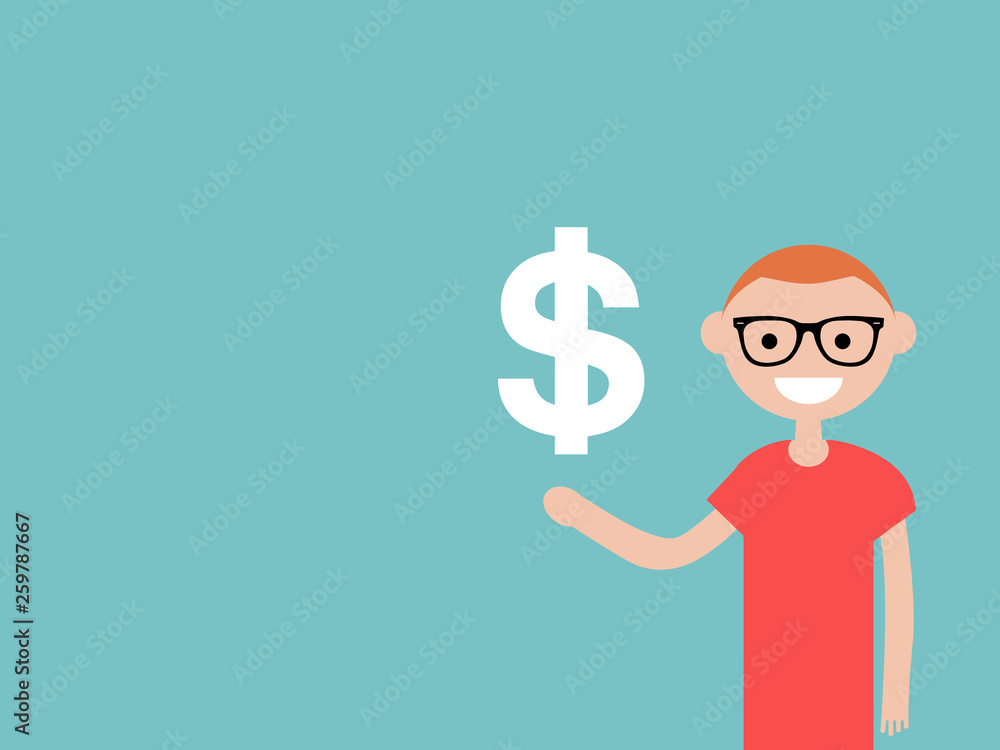 Young character with an imaginary sign dollar.Space for your text.Flat cartoon design Young character with an imaginary sign dollar.Space for your text.Flat cartoon design