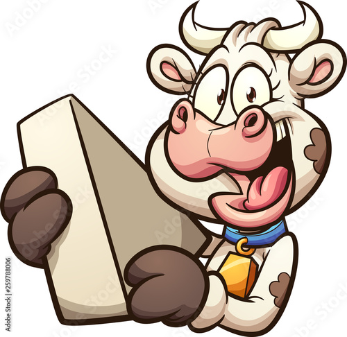 Happy cartoon cow holding a big piece of cheese clip art. Vector illustration with simple gradients. All in a single layer.