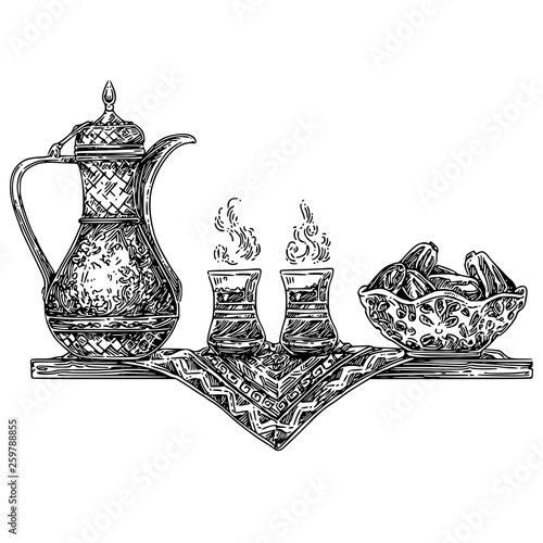 Antique teapot, two cups and a bowl of dates on a wooden tray covered with cloth. Sketch. Engraving style. Vector illustration..