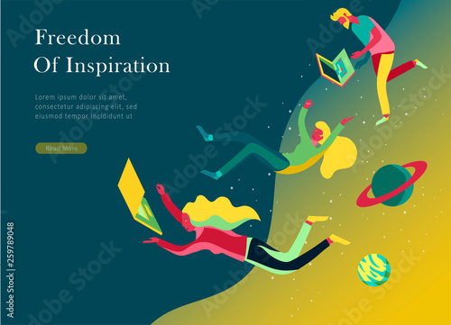 landing page template. Inspired People flying. Create your own spase. Character moving and floating in dreams, imagination and freedom inspiration design work. Flat design style