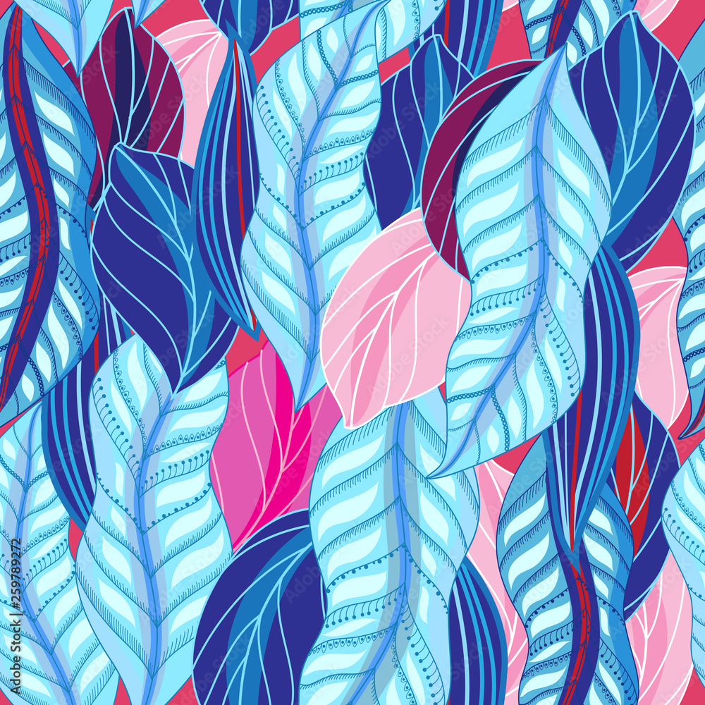 Bright seamless pattern of blue and pink leaves Bright seamless pattern of blue and pink leaves