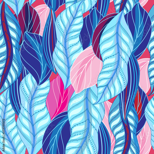 Bright seamless pattern of blue and pink leaves