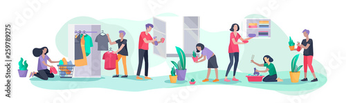 Scene with big family doing housework, kids helping parents with home cleaning, washing dishes, fold clothes, cleaning window, carpet and floor, wipe dust, water flower. Vector illustration cartoon