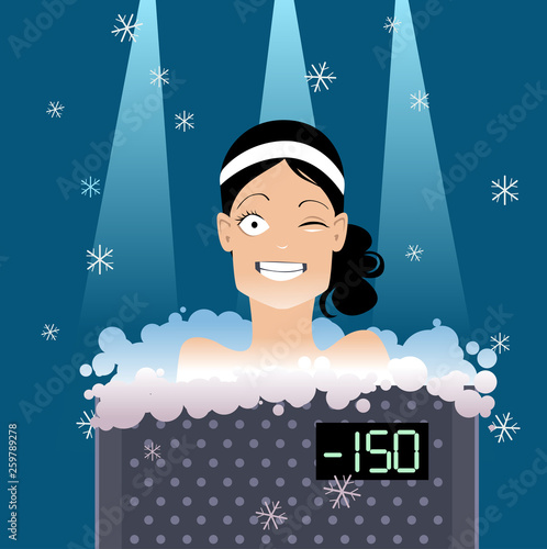Woman undergoing a whole body cryotherapy treatment in a cryosauna, EPS 8 vector illustration, no transparencies