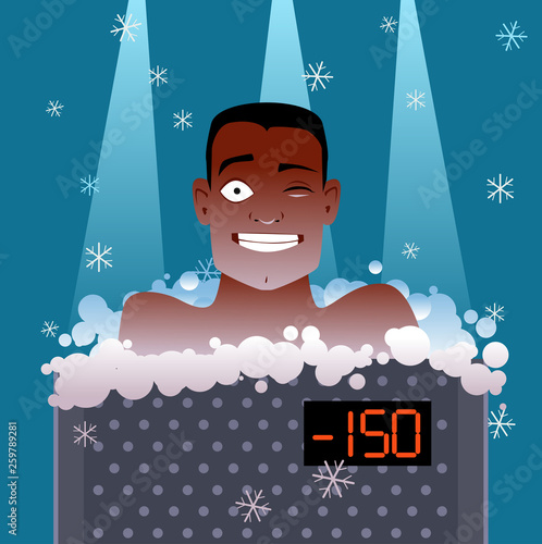 Man undergoing a whole body cryotherapy treatment in a cryosauna,  EPS 8 vector illustration, no transparencies 