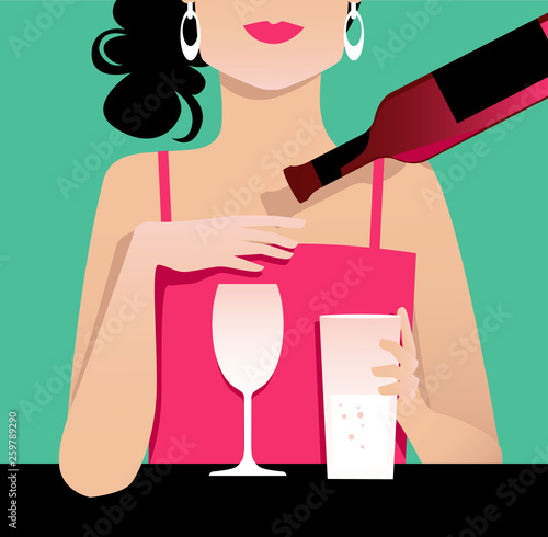 Woman cuts back on alcohol, rejecting wine and preferring a glass of water, EPS 8 vector illustration