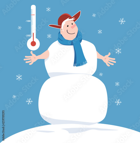Smiling man inside a snowman representing cryotherapy, a thermometer behind him, EPS 8 vector illustration