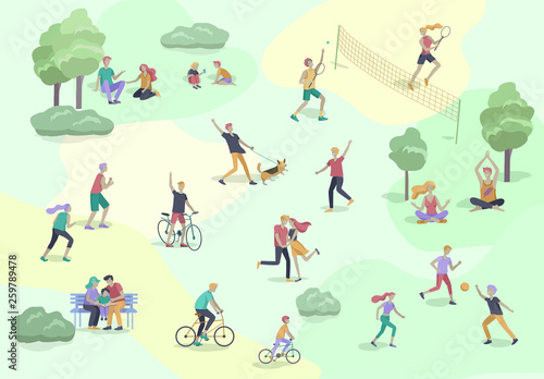 People Spending Time, Relaxing on Nature, family and children performing sports outdoor activities at park, walking dog, doing yoga, riding bicycles, tennis workout. Cartoon vector illustration