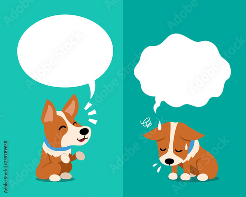 Vector cartoon corgi dog expressing different emotions with speech bubbles for design.