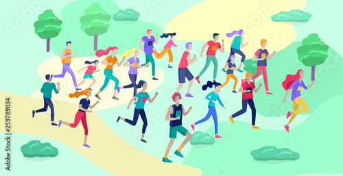 People Marathon Running Sport race sprint, concept illustration running men and women wearing sportswer in landscape. Jogging at Training. Healthy Active Speed Exercise. Cartoon Vector Illustration