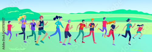 People Marathon Running Sport race sprint, concept illustration running men and women wearing sportswer in landscape. Jogging at Training. Healthy Active Speed Exercise. Cartoon Vector Illustration