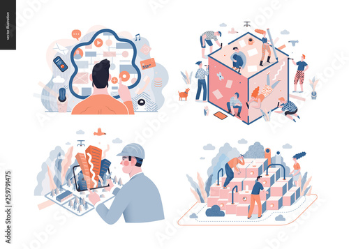 Technology 3 set - modern flat vector concept digital illustration- Synergy, CX Customer experience, Augmented reality, Artificial intelligence. Creative landing web page design template