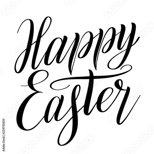 Happy Easter. Calligraphic style design element for greeting cards. Brush pen hand lettering. Black isolated cursive. Handwriting inscription. Vector holiday script.