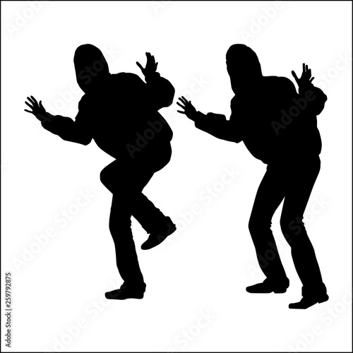 Silhouettes of a man and a woman waving, lead with gestures, hospitality, joy, meeting full-length sneakers, clap hands and stomp, outdoor dance, fooling around, funny people, amusing poses.