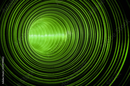 Green way. Imaginary passageway to green ecological world. Futuristic metallic circular tunnel illuminated by green light source reflected in shiny walls.