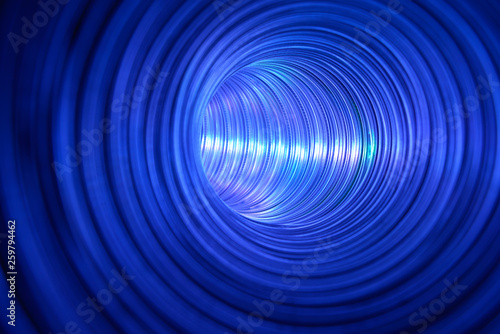 Blue vortex. Science fiction like metallic circular tunnel illuminated by green light source reflected in shiny walls.
