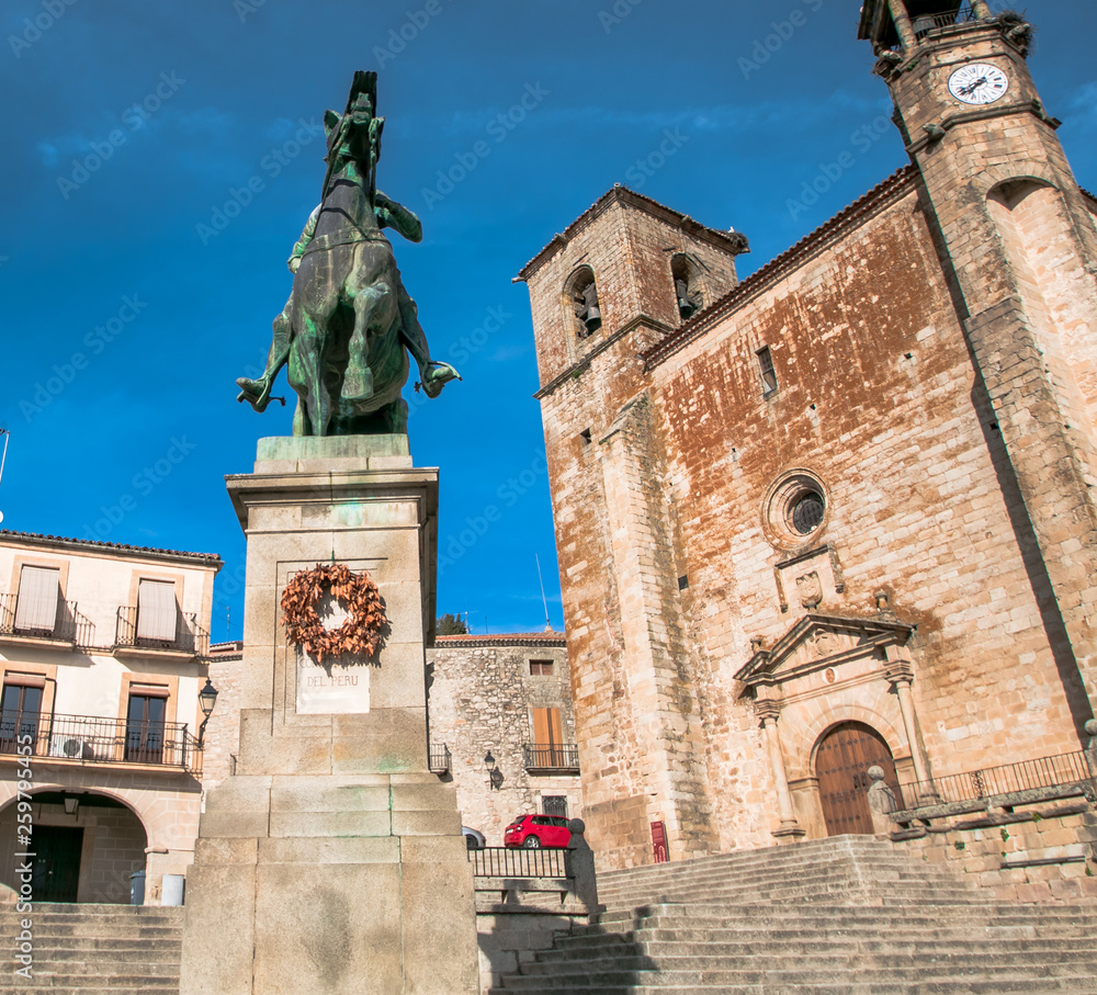 Saint Martin's church and statue of Fransisco Pizarro. Trujillo. Spain