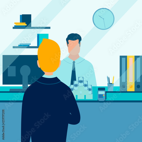 A man withdraws cash on hand. Work in the bank. Flat in minimalist style. Cartoon vector