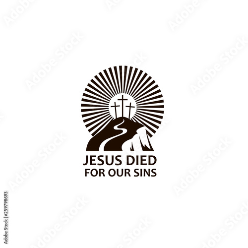 black icon of jesus golgotha hill with crosses isolated on white background 