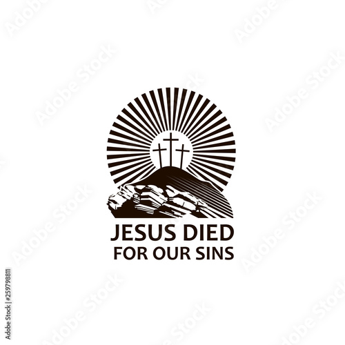 black icon of jesus golgotha hill with crosses isolated on white background 