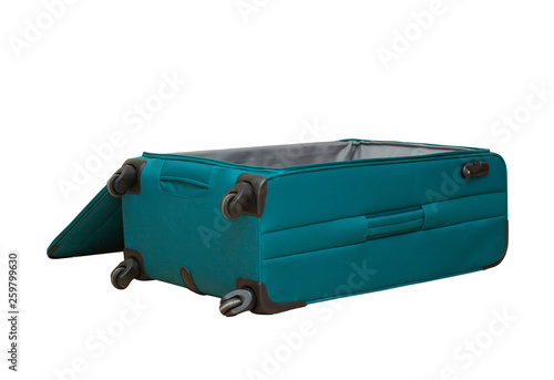 Open suitcase for travelling on white background photo