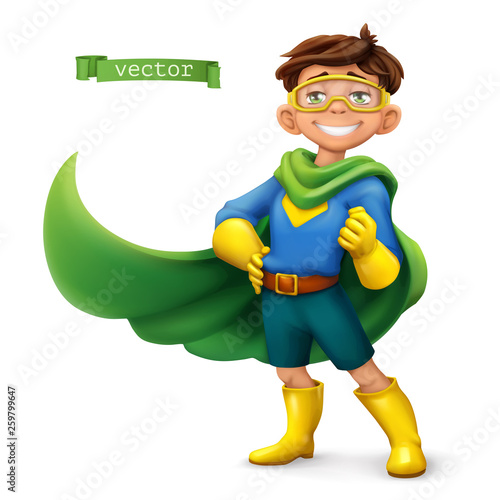 Little boy in superhero costume with green coats. Comic character, vector illustration