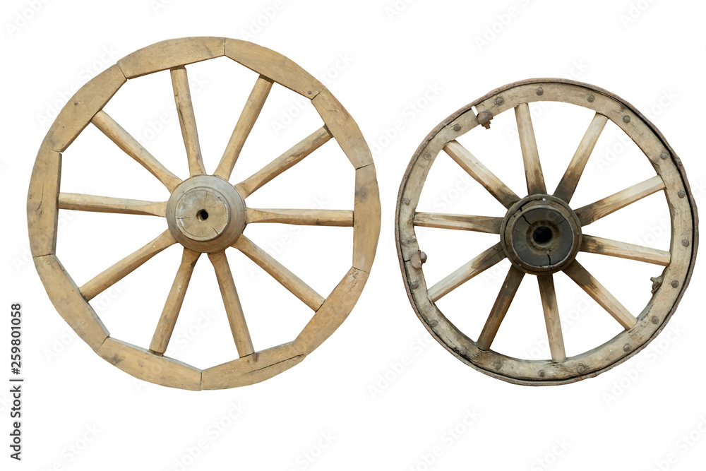 wooden wheels from the cart isolated on white background