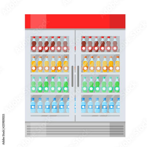Big fridge with different bottles of juice, water and drinks in cartoon flat style on white, stock vector illustration