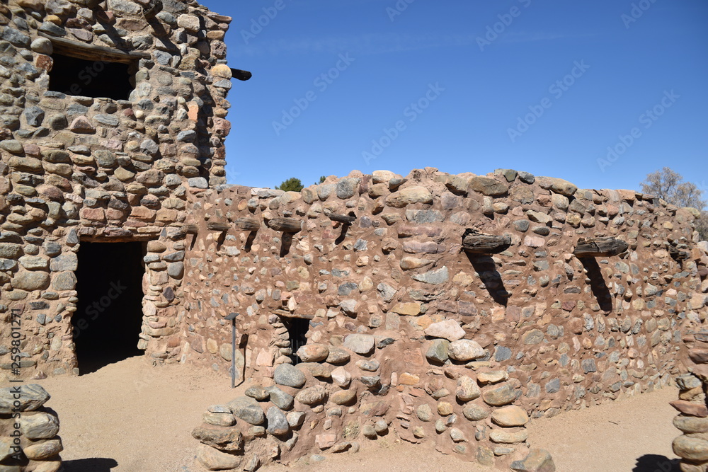 Globe, Arizona. U.S.A. January 30, 2018.  Besh Ba Gowah Archaeological Park and Museum is operated by the City of Globe, AZ.  Reconstruction of original Indian 200-room pueblo. - obrazy, fototapety, plakaty 