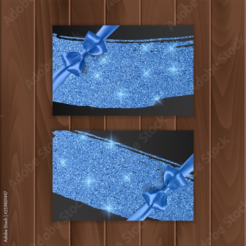 Voucher, Gift certificate, banners with glittering background of Blue color and Blue bow, vector illustration