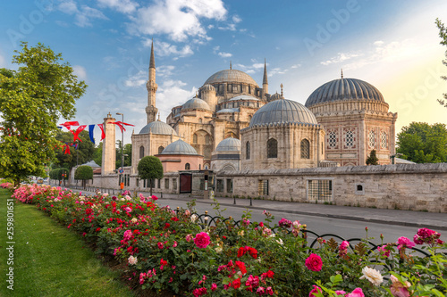 Canvas Print Sehzade Mosque or the Prince Mosque on sunset with flowers in Istanbul