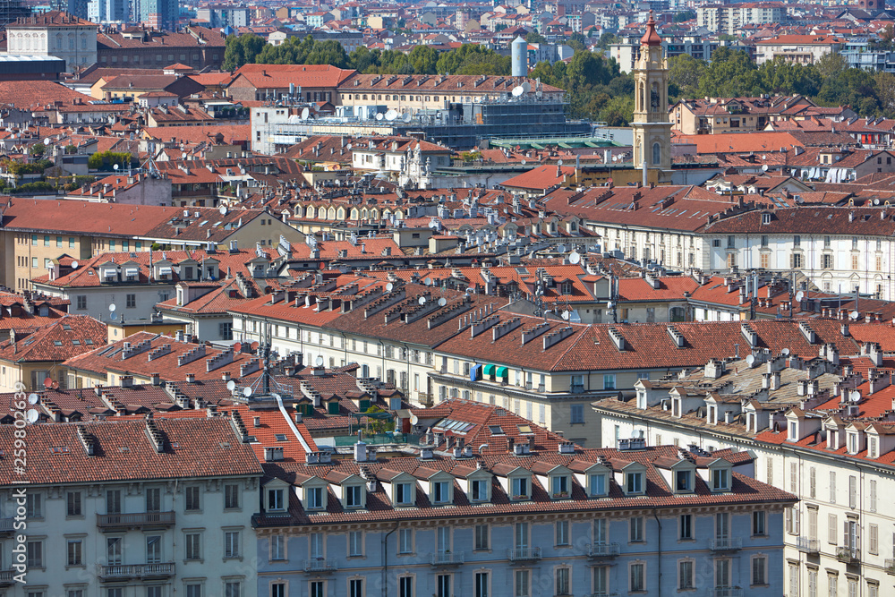 Turin, Italian city rooftops and buildings texture background in a sunny day