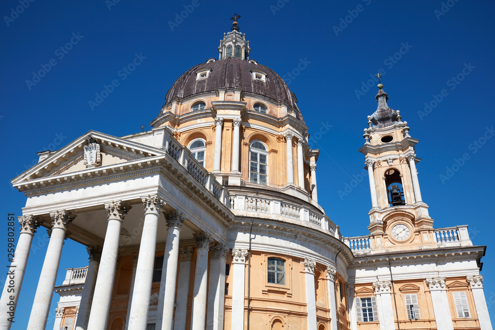 Superga basilica on Turin hills in a sunny summer day in Italy, low angle view Superga basilica on Turin hills in a sunny summer day in Italy, low angle view
