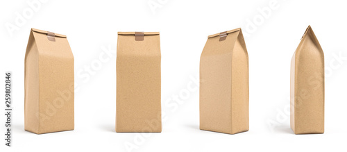 Brown paper bag packaging template isolated on white background. Front and back view photo