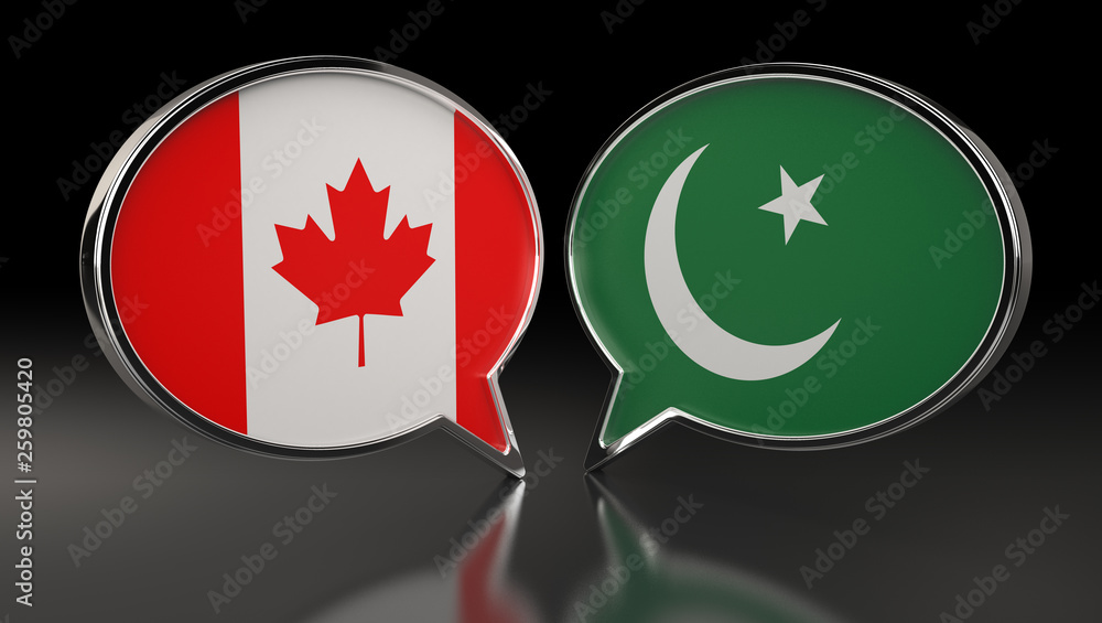 Canada and Pakistan flags with Speech Bubbles. 3D Illustration Canada and Pakistan flags with Speech Bubbles. 3D Illustration