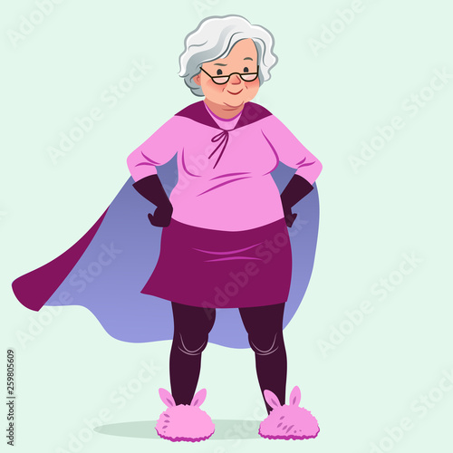 Grandma in superhero costume standing with hands on hips vector cartoon illustration. Smiling friendly confident Caucasian senior woman wearing cape, bunny slippers. Lifestyle, old age, health theme.