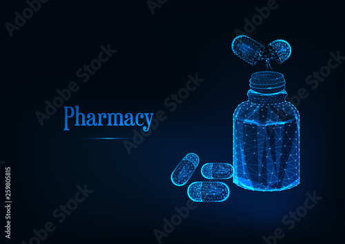 Futuristic pharmacy concept with glowing low polygonal medicine bottle and pills on dark blue.