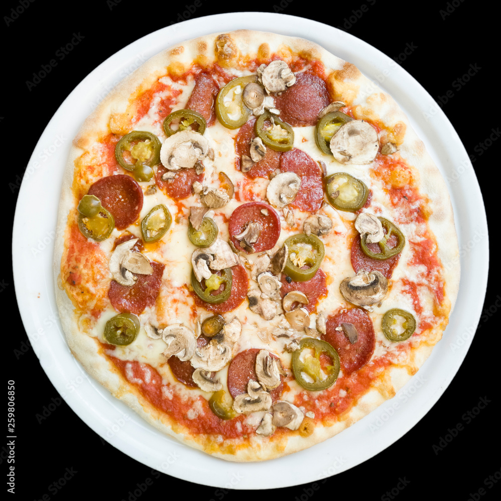 Pizza Sucuk Salami Teller Draufsicht freigestellt Pizza Sucuk Salami Teller Draufsicht freigestellt