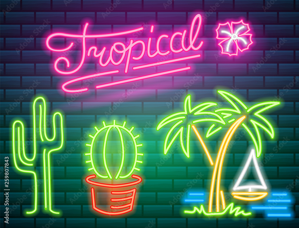 Tropical neon signs. Cactus and palm. Summer logo for Club or bar