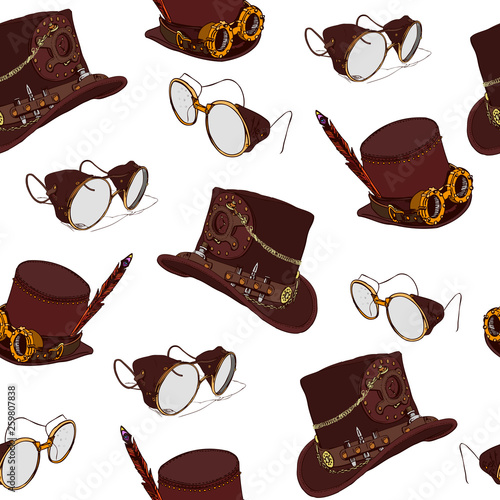 Steampunk Print Top Hat Cylinder and Brass Goggles. Edwardian Seamless Pattern for Card. Victorian Style.