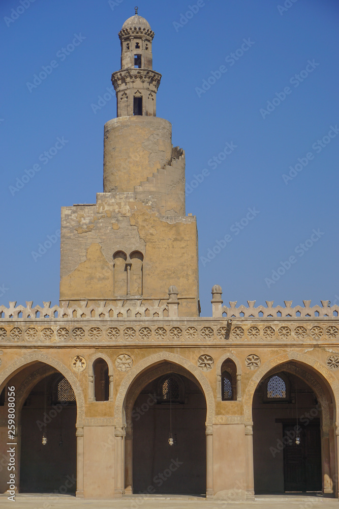 Cairo, Egypt: The minaret of the Mosque of Ibn Tulun (879 AD) -- the oldest in Cairo surviving in its original form and the largest in land area.